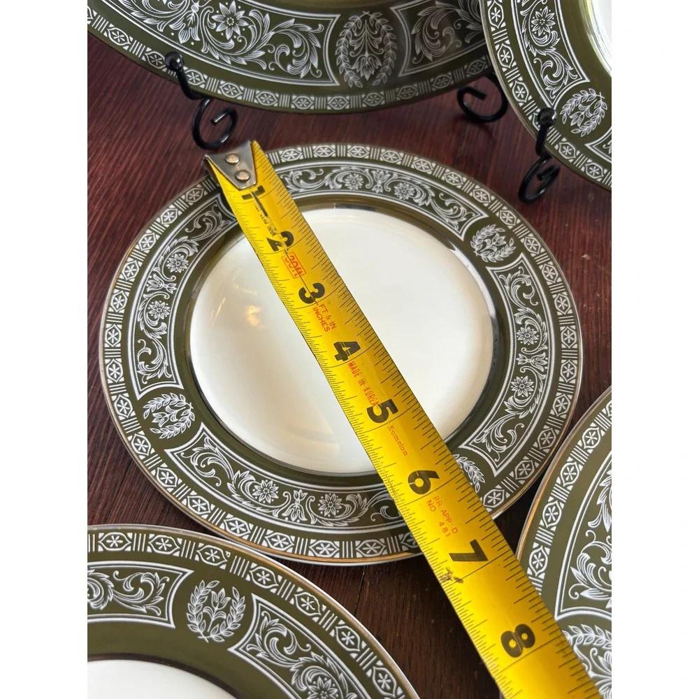 Sango Forest Damask 3544 Fine China Plate Set Olive Green Gold Trim Japan 6pc